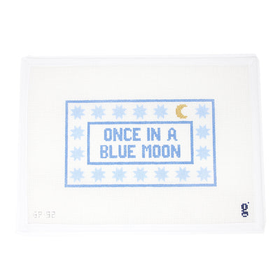 Once in a Blue Moon needlepoint canvas featuring whimsical lettering in blues, perfect for a kids' room sign or decorative pillow. Printed on 13-count mesh. Mesh size: 13-count, rectangle by Goodpoint Needlepoint