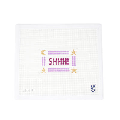 Shhh! Needlepoint canvas by Goodpoint Needlepoint, featuring the word 'Shhh!' with a playful design, perfect for a baby’s room sign or pillow. Printed on 13-count mesh. Mesh size: 13-count, rectangle.