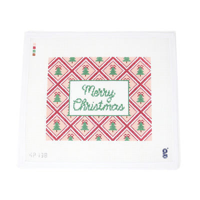 Merry Christmas Needlepoint canvas by Goodpoint Needlepoint, featuring the festive 'Merry Christmas' saying on a tree trellis design. Perfect for creating a holiday sign, framed art, or pillow. Printed on 13-count mesh. Mesh size: 13-count, rectangle.