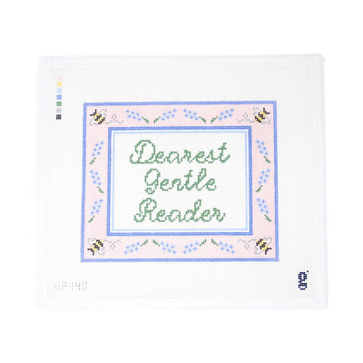 Dearest Gentle Reader Needlepoint canvas by Goodpoint Needlepoint, featuring the phrase 'Dearest Gentle Reader' with a pink and blue border, spring colors, and bumble bees. Perfect for creating a framed piece, pillow, or decorative accessory. Printed on 13-count mesh. Mesh size: 13-count, rectangle from Bridgerton 