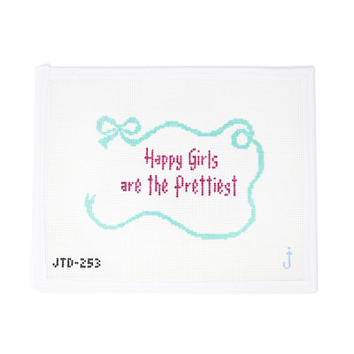 Hand-painted needlepoint canvas with the quote 'Happy girls are the prettiest' on 13 mesh, perfect for uplifting pillows or framed decor.