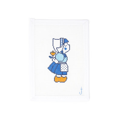Hand-painted needlepoint canvas of a vintage-style Dutch girl on 18 mesh, perfect for finishing as a charming ornament or nostalgic holiday decor.