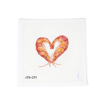 Hand-painted needlepoint canvas featuring two shrimp forming a heart shape, ideal for coastal, romantic, or food-themed stitching projects.