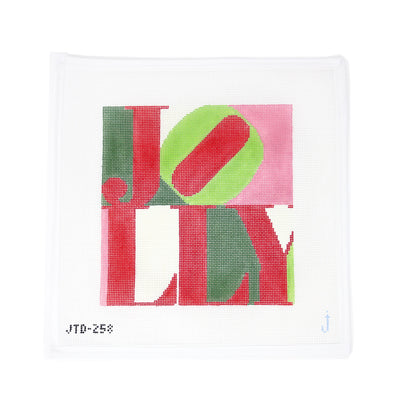 "Hand-painted needlepoint canvas reading 'Jolly Holiday' in a layout inspired by the iconic Philly LOVE sign, on 13 mesh—perfect for stitching a festive holiday pillow.