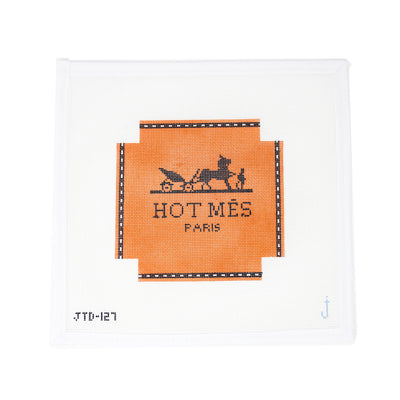 Hand-painted needlepoint canvas on 18 mesh with playful 'Hermes' text styled to read like 'Hot Mes'—perfect for fashion-forward and humorous stitching projects.