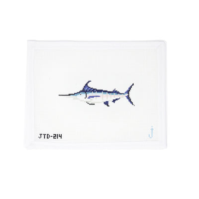 Hand-painted needlepoint canvas of a colorful marlin fish on 18 mesh, perfect for coastal, nautical, or sport fishing-themed stitching projects