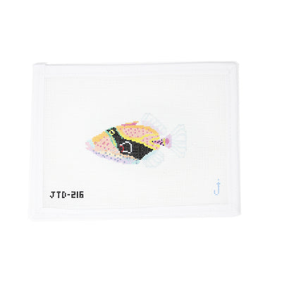 Hand-painted needlepoint canvas of a colorful trigger fish on 18 mesh, perfect for coastal, nautical, or sport fishing-themed stitching projects