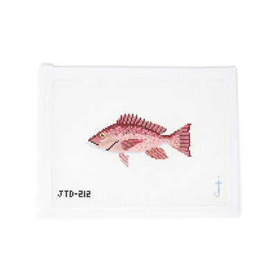 Hand-painted needlepoint canvas of a colorful snapper fish on 18 mesh, perfect for coastal, nautical, or sport fishing-themed stitching projects