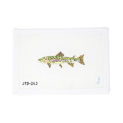 Hand-painted needlepoint canvas of a colorful rainbow trout fish on 18 mesh, perfect for coastal, nautical, or sport fishing-themed stitching projects