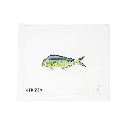 Hand-painted needlepoint canvas of a colorful Mahi Mahi fish on 18 mesh, perfect for coastal, nautical, or sport fishing-themed stitching projects