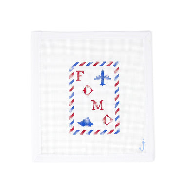 Hand-painted needlepoint canvas of a 'FOMO' passport insert on 13 mesh, perfect for travel-themed or trendy, modern stitching projects