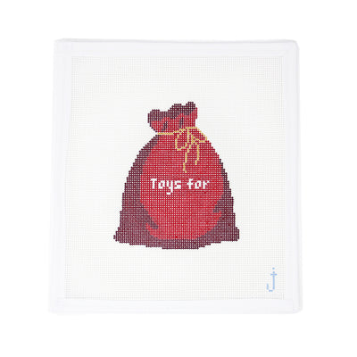 "Hand-painted needlepoint canvas of Santa’s toy sack, customizable with a name, on 13 mesh—perfect for personalized holiday stitching projects