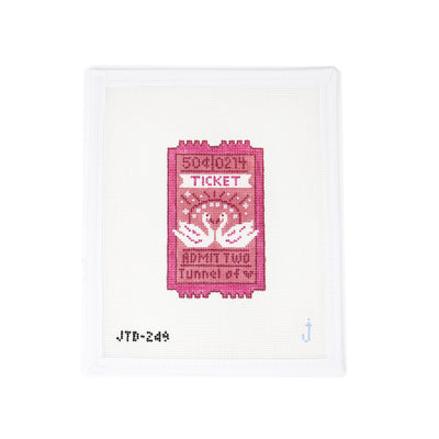 Hand-painted needlepoint canvas of a vintage-style 'Tunnel of Love' ticket in pink and red, perfect for Valentine’s Day or carnival-themed stitching projects.