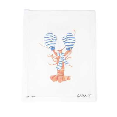 Whimsical lobster needlepoint canvas wearing charming blue and white striped mittens. Stitched on 18 mesh canvas, this playful design would make a fun ornament, coastal-themed door hanger, or a framed piece for a beach house gallery wall designed by Sara Fit