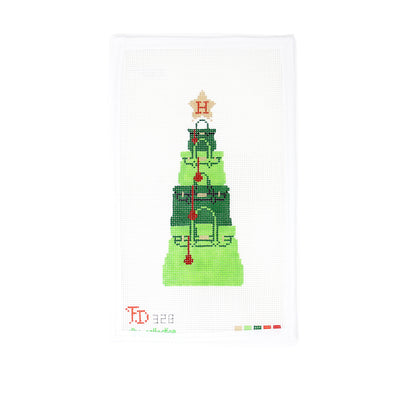 Festive needlepoint canvas featuring four Birkin bags in alternating dark and light green, stacked to resemble a Christmas tree, topped with a gold Hermès star. Designed by Froopy Designs on 13 mesh canvas. Perfect for finishing as a holiday pillow, framed decoration, or standout centerpiece in a luxe seasonal display.