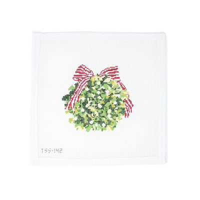 Hand-painted 18 mesh needlepoint canvas featuring a holiday boxwood kissing ball in varying shades of green, topped with a red and white striped bow. Custom-designed by Vallerie Needlepoint Designs and perfect for finishing as a Christmas ornament or festive decor accent. A classic holiday design with a timeless, botanical touch
