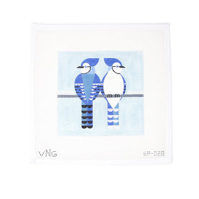 Hand-painted 18 mesh needlepoint canvas by Scott Partridge featuring two bluejays perched on a grey wire against a blue background. The design has a modern, geometric style and is perfect for finishing as wall art, a pillow, or a contemporary accent piece.
