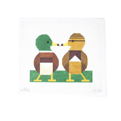 Hand-painted 18 mesh needlepoint canvas by Scott Partridge featuring a pair of mallard-style ducks in green and brown, standing beak to beak. Set against a blue background with a geometric, modern style, this design is perfect for finishing as wall art, a pillow, or a unique nature-inspired accent.