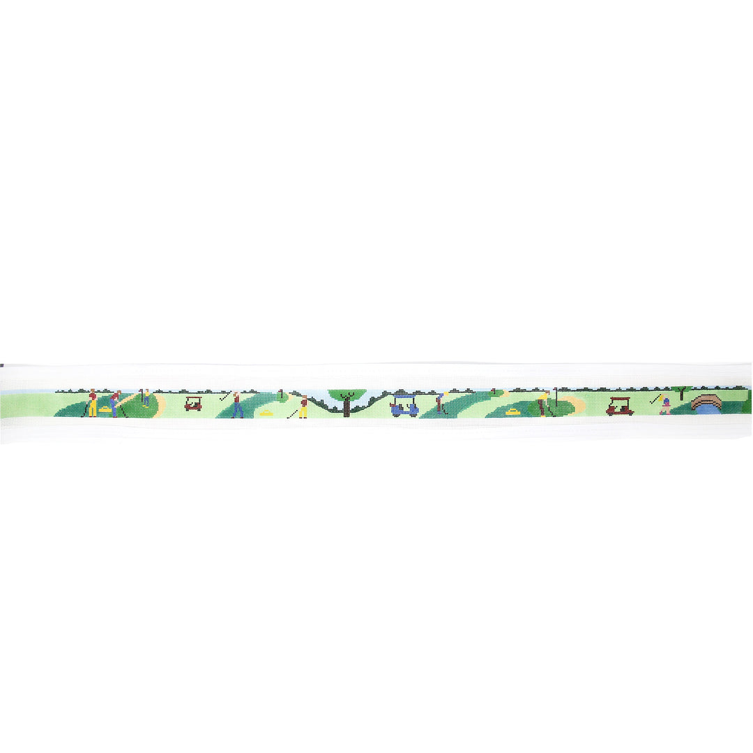 Hand-painted needlepoint belt canvas on 18 mesh featuring a golf scene with trees, greens, rough, sand traps, golf carts, and golfers. A playful and vibrant design perfect for finishing as a golf-themed belt, bag strap, or personalized accessory for golf lovers with a colorful twist.