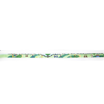 Hand-painted needlepoint belt canvas on 18 mesh featuring a golf scene with trees, greens, rough, sand traps, golf carts, and golfers. A playful and vibrant design perfect for finishing as a golf-themed belt, bag strap, or personalized accessory for golf lovers with a colorful twist.