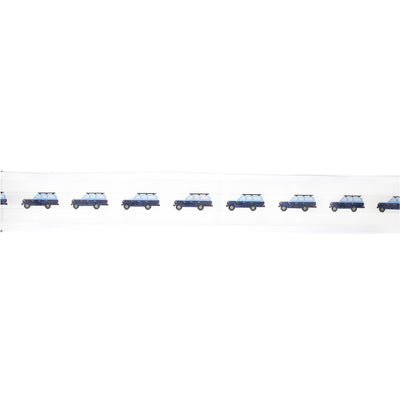 Hand-painted needlepoint belt canvas on 18 mesh featuring classic blue Land Cruisers spaced along a neutral background. A vintage-inspired design perfect for finishing as an adventurous belt, key fob, or rugged accessory for car enthusiasts and off-road lovers.