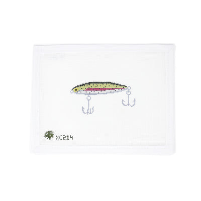 Hand-painted needlepoint canvas featuring a pink-accented rattle trap fishing lure on 18 mesh. This fun and colorful design is perfect for finishing as a fishing-themed ornament, unique gift tag, or framed accent for a lake house or outdoorsy space with a playful twist.