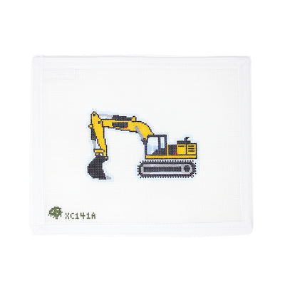 Hand-painted needlepoint canvas featuring a small yellow excavator on 18 mesh. Ideal for finishing as a construction-themed ornament, gift tag, nursery decoration, or framed artwork for a vehicle-loving child’s room.