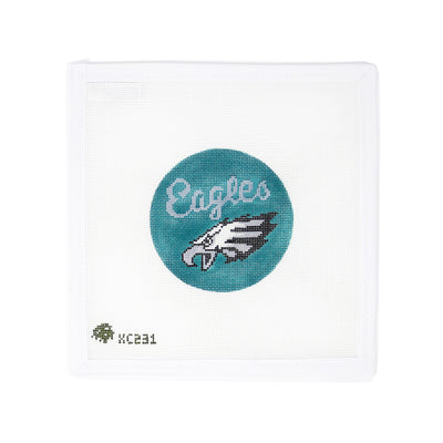 4" round needlepoint canvas featuring the Philadelphia Eagles logo and team name in green, hand-painted on 18 mesh. Perfect for finishing as a sports-themed ornament, gift tag, or framed accent for Eagles fans and football lovers alike.