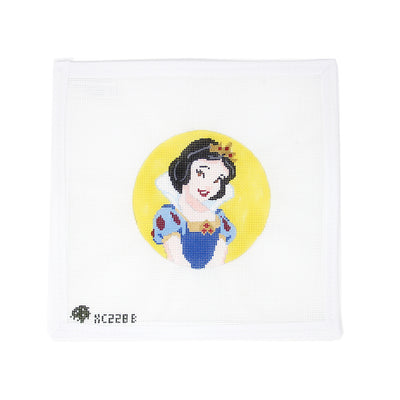 Round needlepoint canvas featuring Snow White from Snow White and the Seven Dwarves, hand-painted on 18 mesh. This charming design is perfect for finishing as a holiday ornament, a keepsake for Disney lovers, or a special gift tag for a fairytale-themed package.