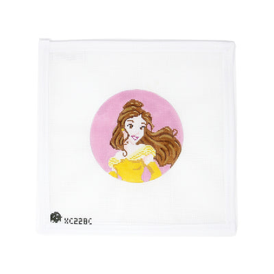 Round needlepoint canvas featuring Belle from Beauty and the Beast, hand-painted on 18 mesh. This charming design is perfect for finishing as a holiday ornament, a keepsake for Disney lovers, or a special gift tag for a fairytale-themed package.