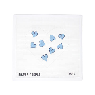 Needlepoint canvas with a large heart design filled with smaller blue hearts. Hand-painted 8.5" x 8" design on 13 mesh by Colonial Needle. Total canvas size approximately 11.5" x 11.5".