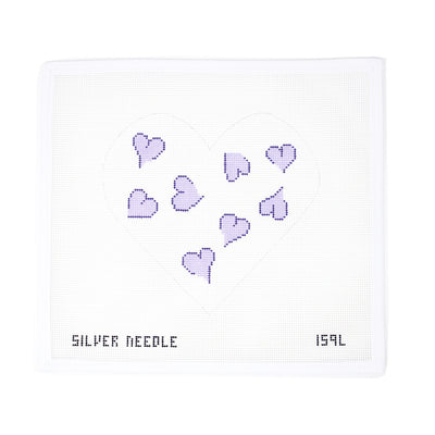Needlepoint canvas with a large heart design filled with smaller purple hearts. Hand-painted 8.5" x 8" design on 13 mesh by Colonial Needle. Total canvas size approximately 11.5" x 11.5".