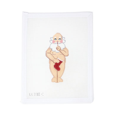 Needlepoint canvas of a naked Santa Claus holding a Christmas stocking in front of him, hand-painted by Labors of Love. The design shows Santa from behind with the stocking playfully covering the front.