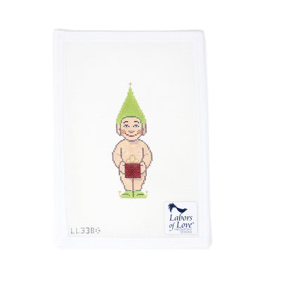 Needlepoint canvas of a naked elf holding a wrapped gift in front of him, hand-painted by Labors of Love. The design shows the elf from behind with the present covering the front.