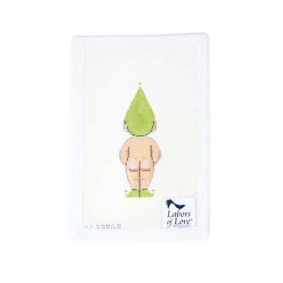 Needlepoint canvas of a whimsical naked elf shown from behind, hand-painted by Labors of Love. The design features the elf’s bare backside and playful pose.