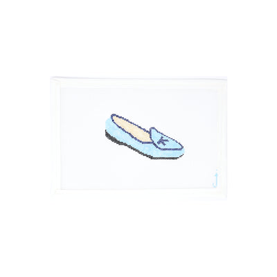 Hand-painted needlepoint canvas of Belgian loafers in blue, ideal for fashion-themed or accessory-inspired stitching projects